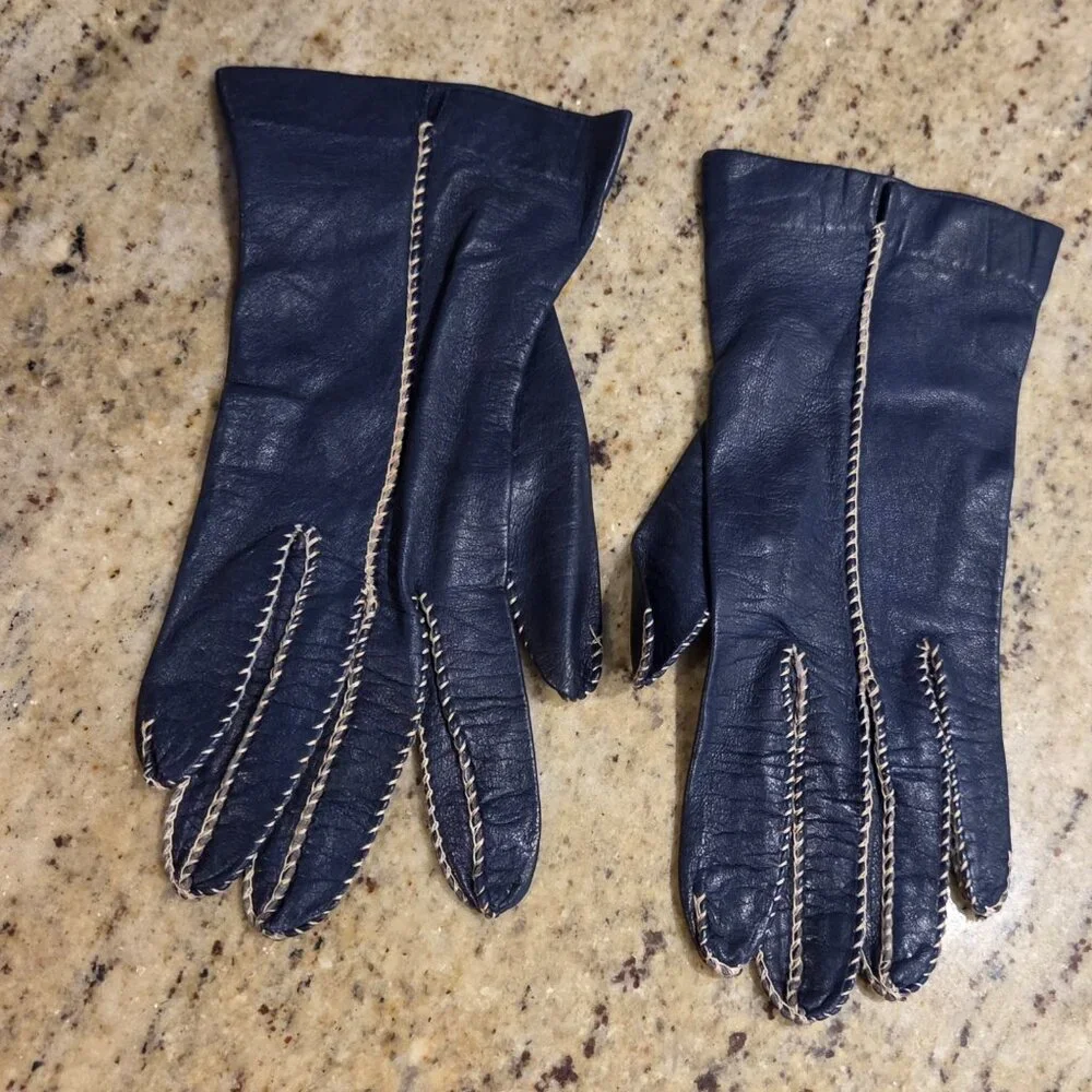Vintage Womens Size XS S 6 1/4 Blue Leather Formal Gloves Contrast Stitching